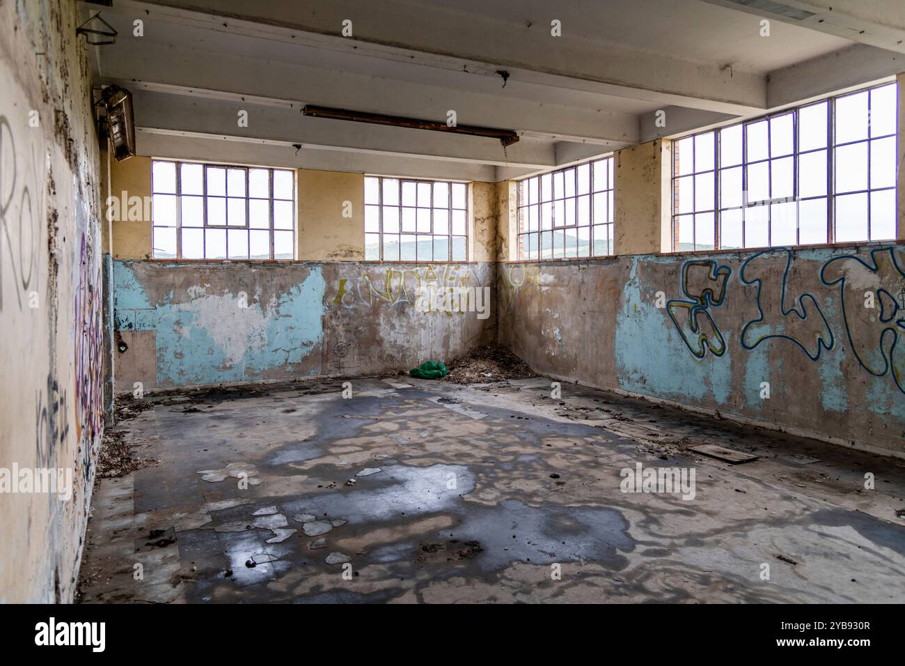 Una vista all'interno di una stanza sporca in un edificio abbandonato di una centrale elettrica a Power Town a Mossel Bay, Capo Occidentale, Sud Africa Foto Stock