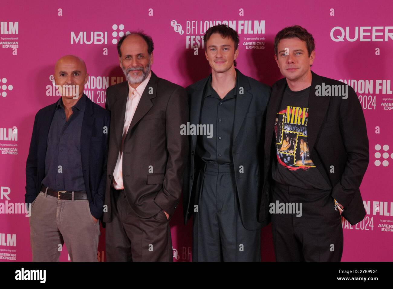 (Da sinistra a destra) il produttore Lorenzo Mieli, Luca Guadagnino, Drew Starkey e JW Anderson partecipano alla proiezione di gala del BFI London Film Festival di Queer alla Royal Festival Hall, Southbank Centre di Londra. Data foto: Giovedì 17 ottobre 2024. Foto Stock