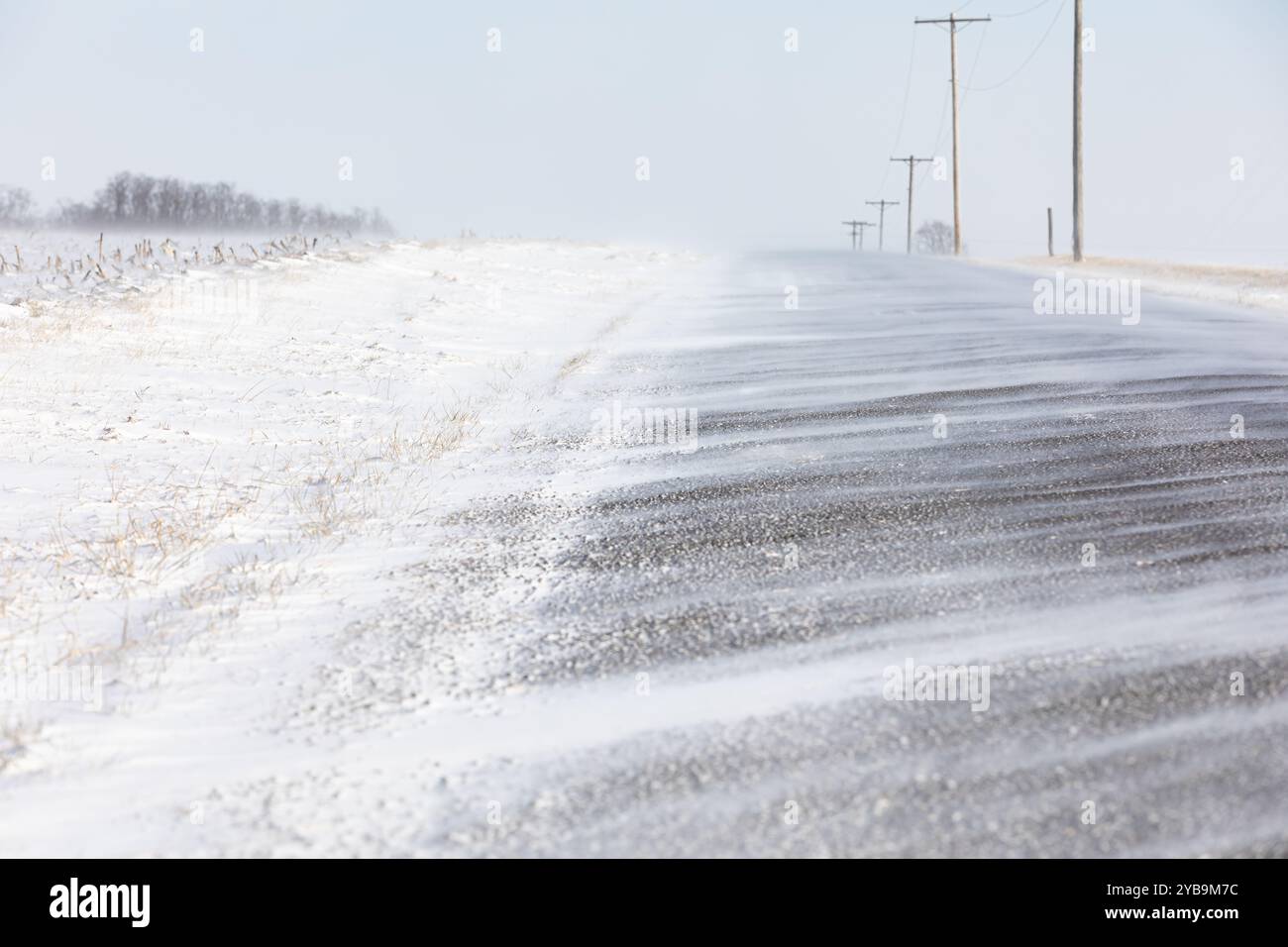 Neve che soffia dall'altra parte della strada durante la tempesta di neve. Sicurezza di guida invernale, condizioni climatiche fredde e consigli di viaggio. Foto Stock
