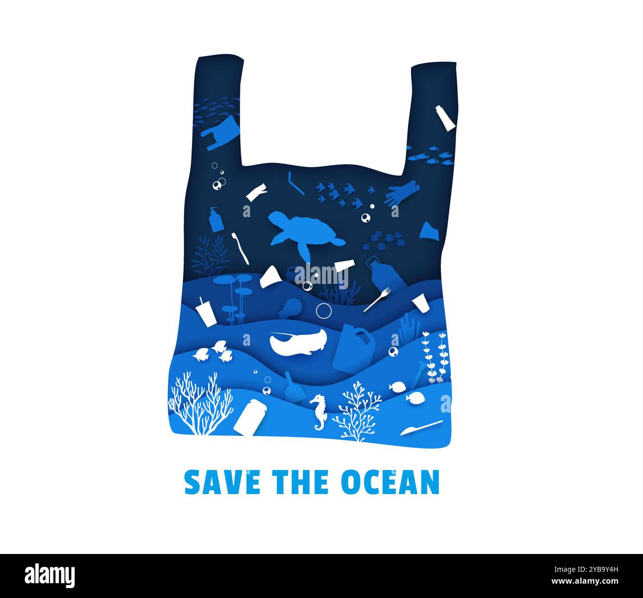 Sacchetto di plastica e rifiuti sul fondo marino, concetto ambientale. Striscione tagliato in carta con sagoma vettoriale in sacchetto di plastica con onde blu a strati origami 3d, spazzatura e animali marini, pesci oceanici, tartarughe, alghe marine Illustrazione Vettoriale