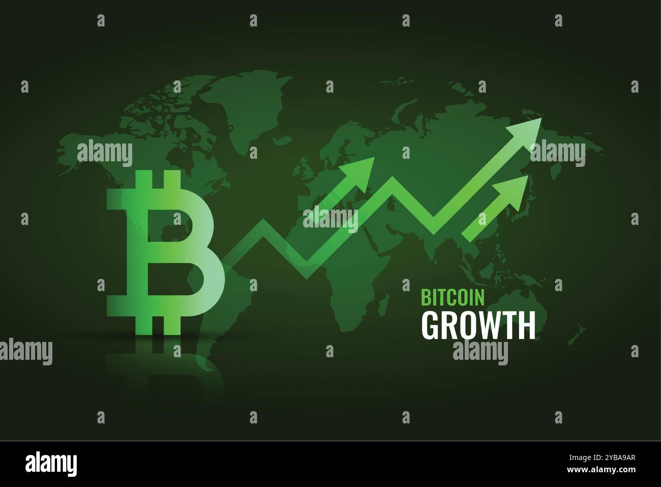 freccia di crescita bitcoin con mappa mondiale Illustrazione Vettoriale
