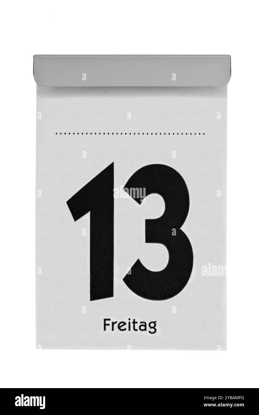Il calendario a strappo mostra venerdì 13, senza mese, su sfondo bianco Foto Stock