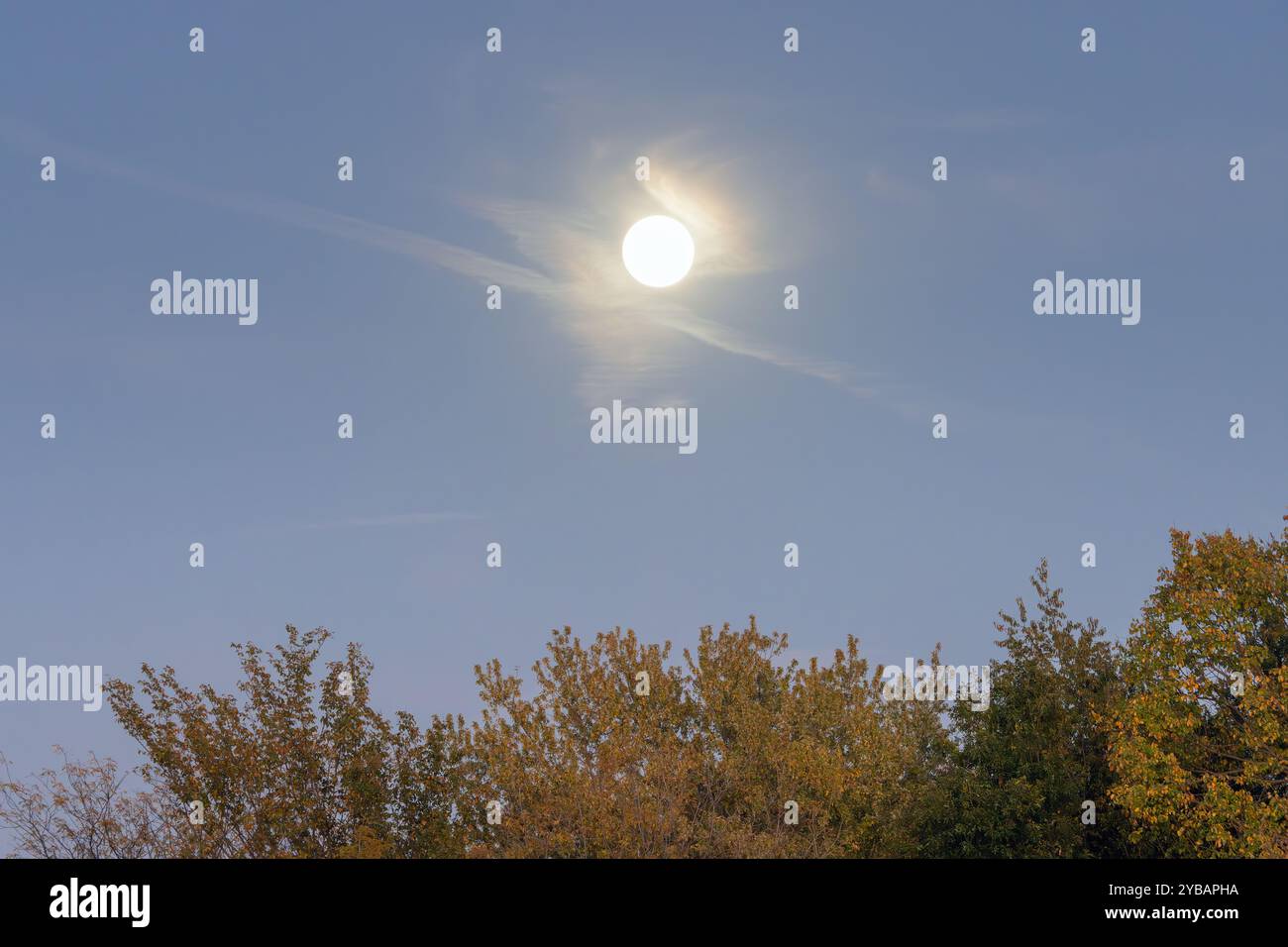 La luna di Full Hunter a Sperry, Iowa, presso la Big Hollow Recreation area. Contrafforti a getto e nuvole appaiono come una strega su una scopa. Foto Stock