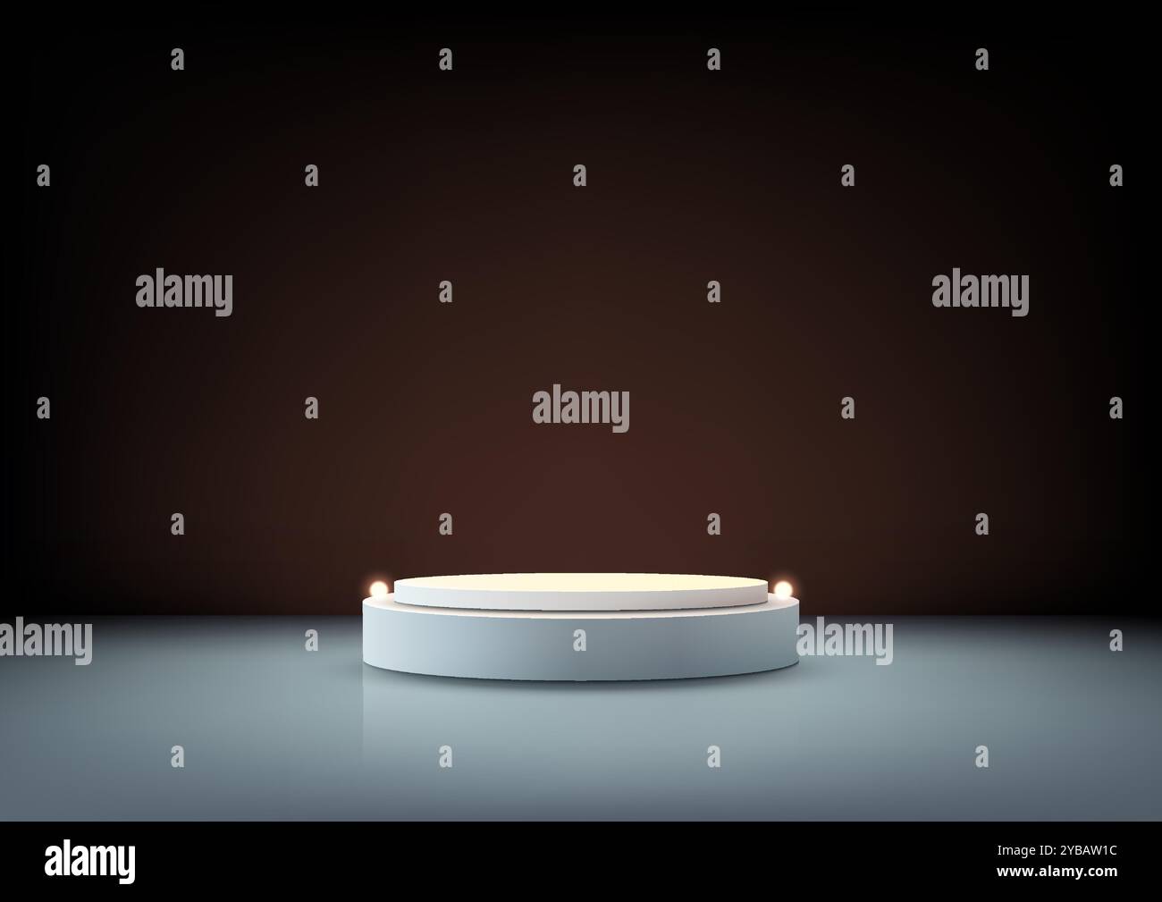 Il podio bianco 3D minimalista è inondato di luce soffusa, perfetto per i moderni espositori di prodotti e mockup con elementi a sfera luminosa su uno sfondo scuro, lussuoso Illustrazione Vettoriale
