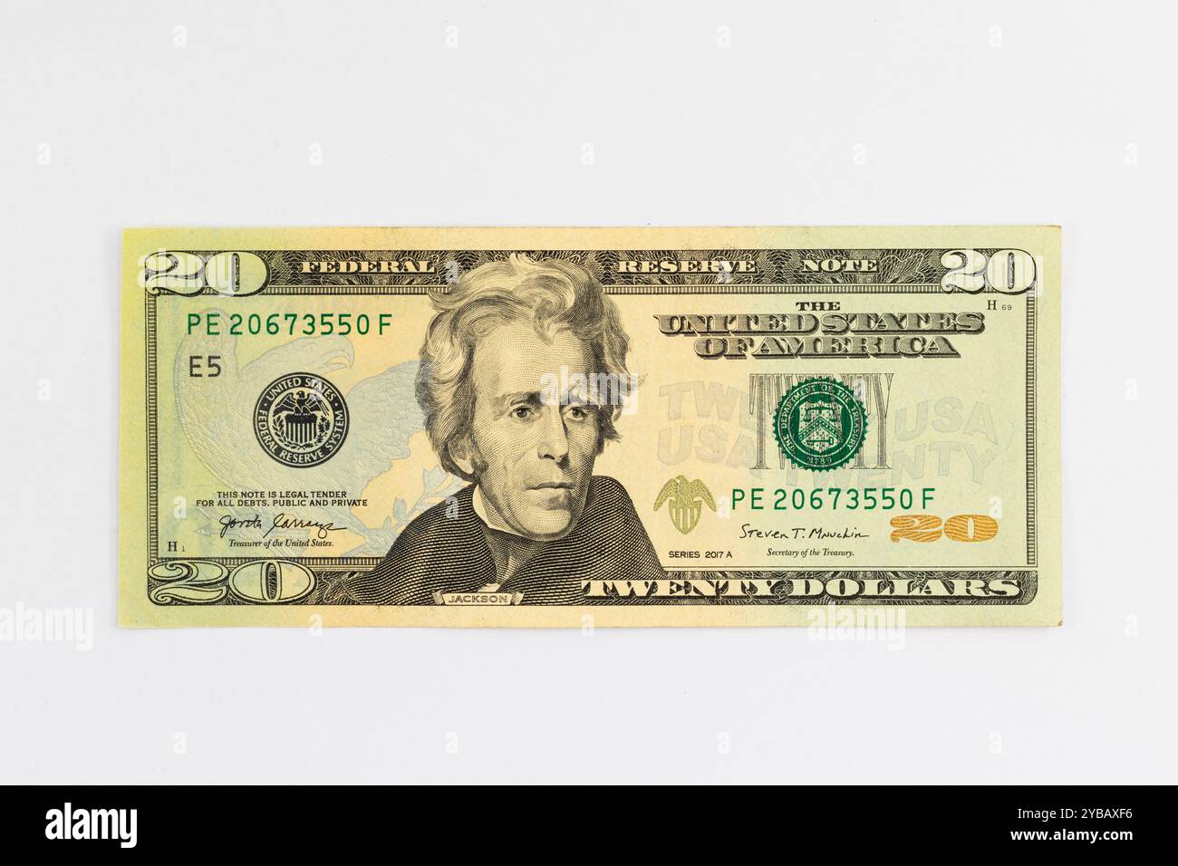 Primo piano di una legge da venti dollari USA (lato anteriore) con Andrew Jackson Foto Stock