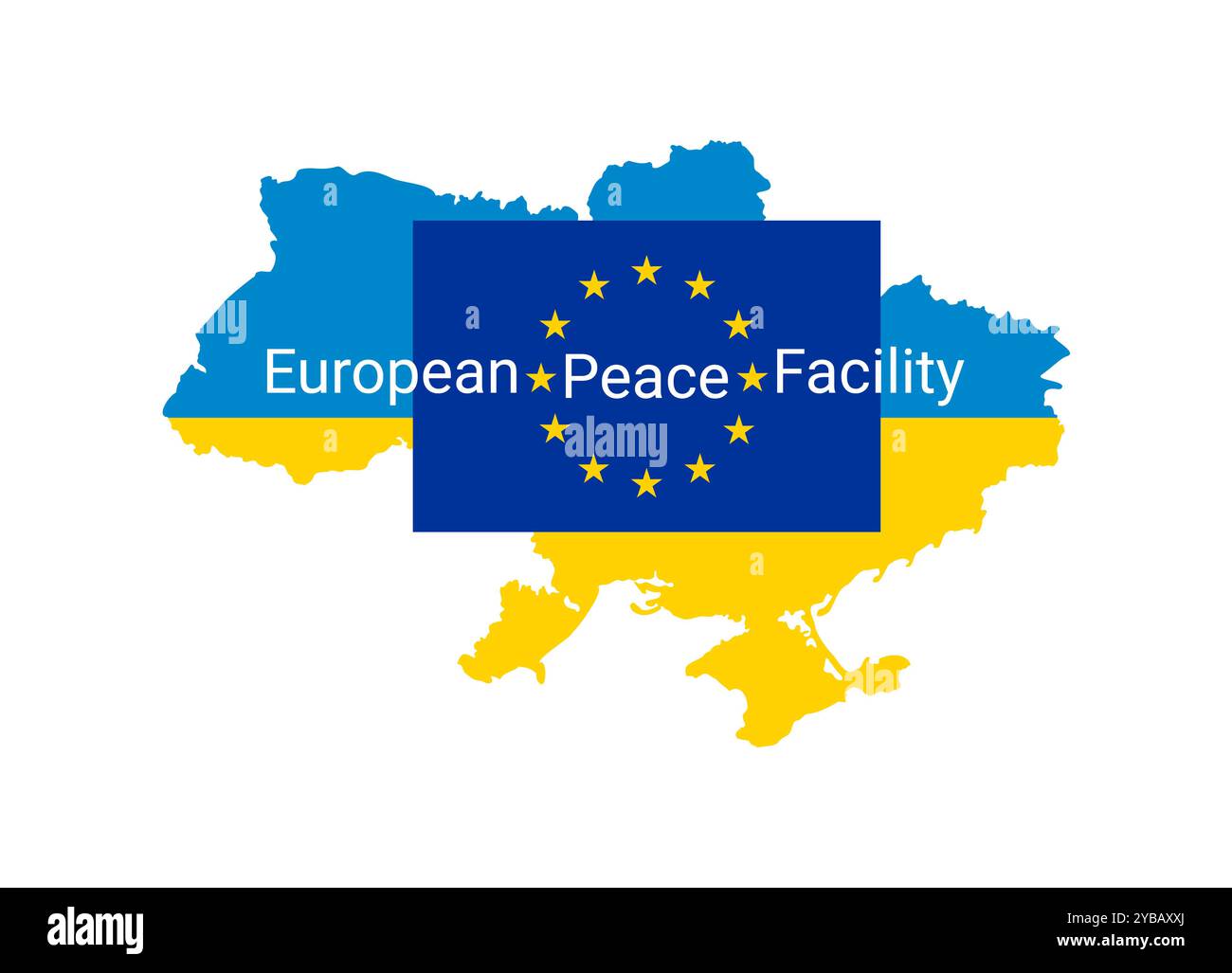 La bandiera dell'Unione europea con il testo strumento europeo per la pace sullo sfondo di una mappa dell'Ucraina, colorata nel colore della bandiera dell'Ucraina Foto Stock