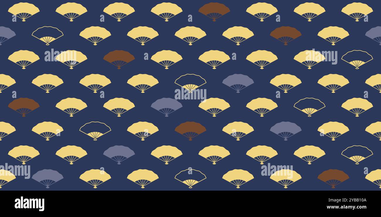 Semplice motivo senza cuciture, ventole pieghevoli in tonalità oro e blu Illustrazione Vettoriale
