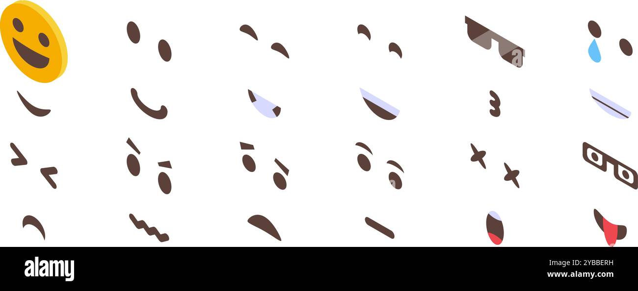 Set di icone per il creatore di emoji. Questa serie di emoji mostra emozioni diverse, da felici a tristi, arrabbiati, sorpresi e molto altro Illustrazione Vettoriale