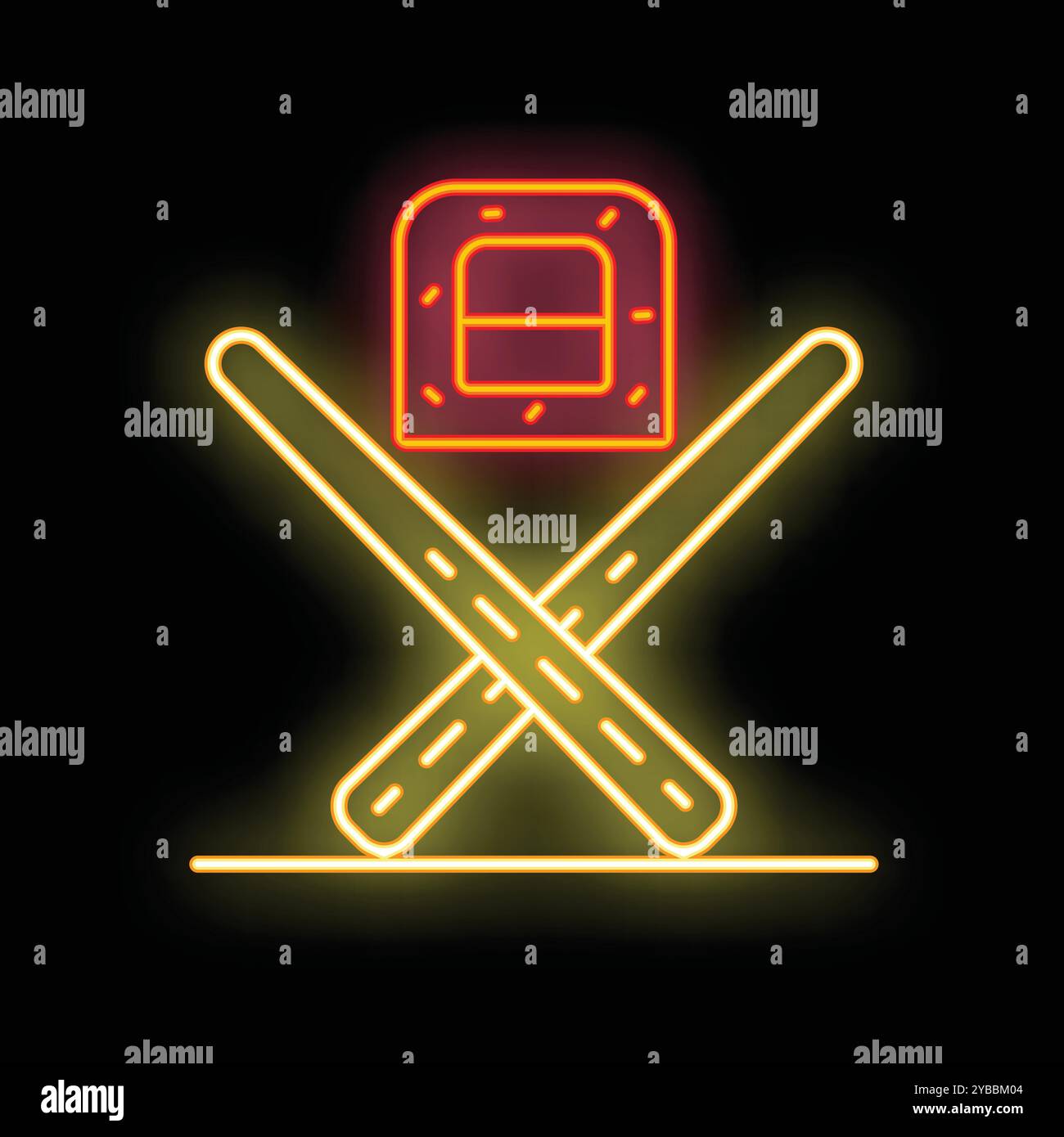 Icona della linea al neon illuminata che rappresenta il sushi con le bacchette incrociate sotto, isolata su sfondo nero Illustrazione Vettoriale