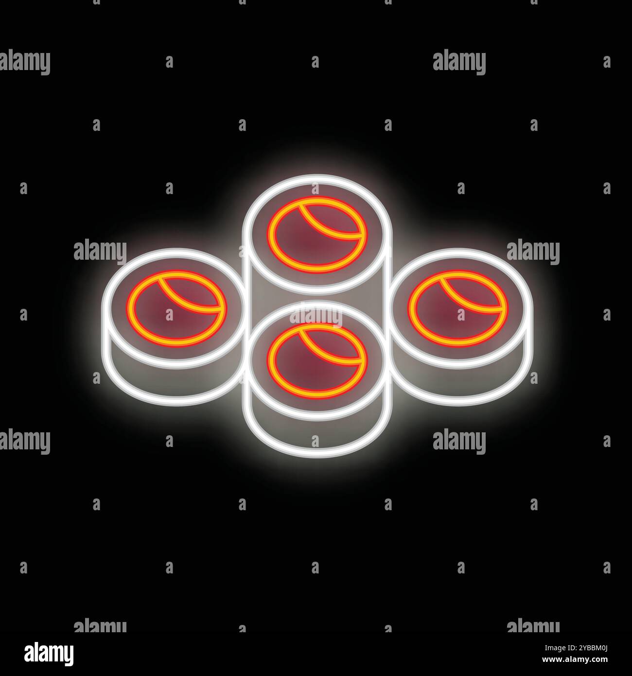 Insegna luminosa al neon che raffigura quattro sushi appena fatti, ideale per la pubblicità di ristoranti o concetti di cucina giapponese Illustrazione Vettoriale