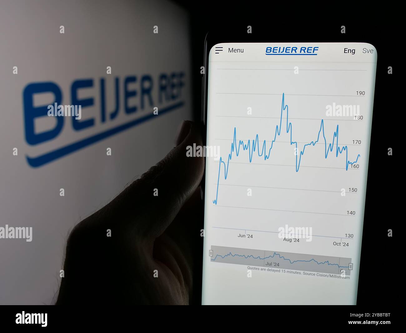 Persona che detiene lo smartphone con la pagina Web della società svedese di vendita all'ingrosso HVAC Beijer Ref AB sullo schermo con logo. Messa a fuoco al centro del display del telefono. Foto Stock