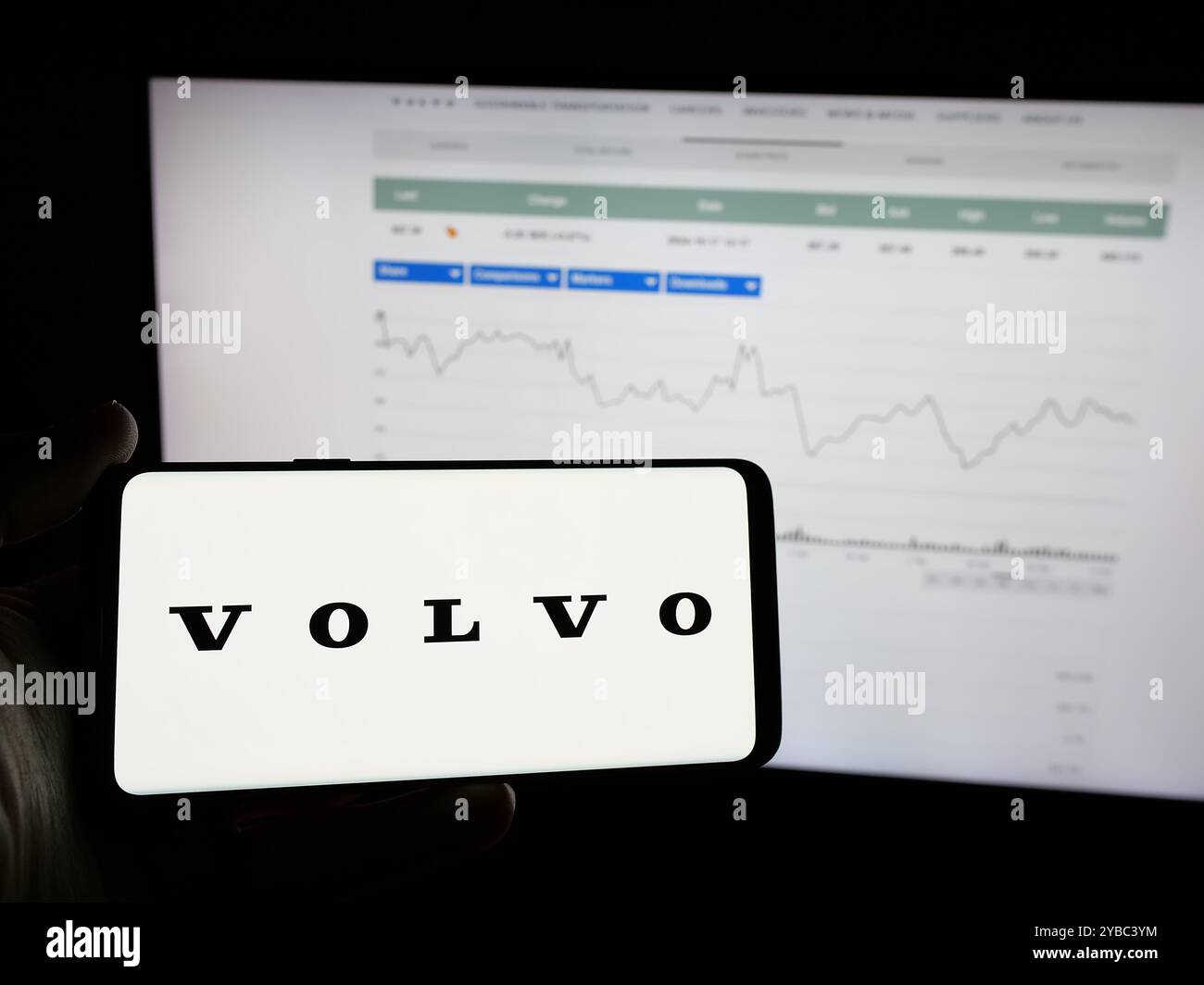 Persona che detiene un telefono cellulare con il logo della società automobilistica svedese AB Volvo sullo schermo di fronte alla pagina Web aziendale. Mettere a fuoco il display del telefono. Foto Stock