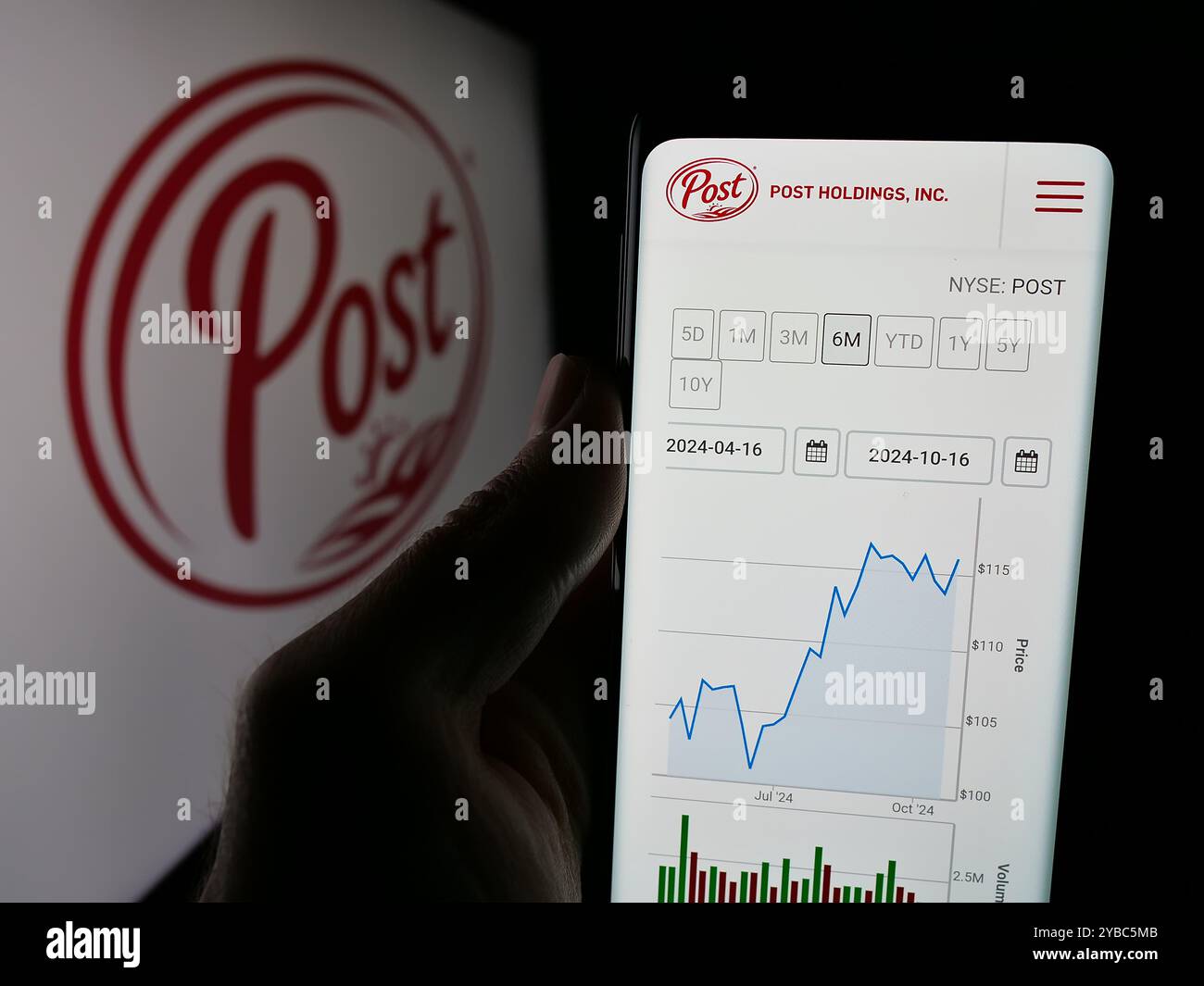 Persona che detiene un cellulare con pagina Web della società statunitense di beni di consumo Post Holdings Inc. Sullo schermo con logo. Messa a fuoco al centro del display del telefono. Foto Stock