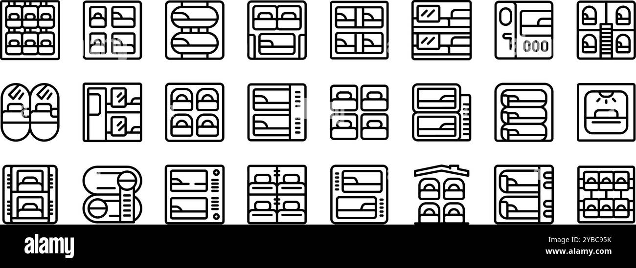 Set di icone hotel capsule. Le icone degli hotel capsule sono state create in stile di linea, mostrando i letti compatti per i viaggiatori in economia Illustrazione Vettoriale Set di icone hotel capsule. Le icone degli hotel capsule sono state create in stile di linea, mostrando i letti compatti per i viaggiatori in economia Illustrazione Vettoriale