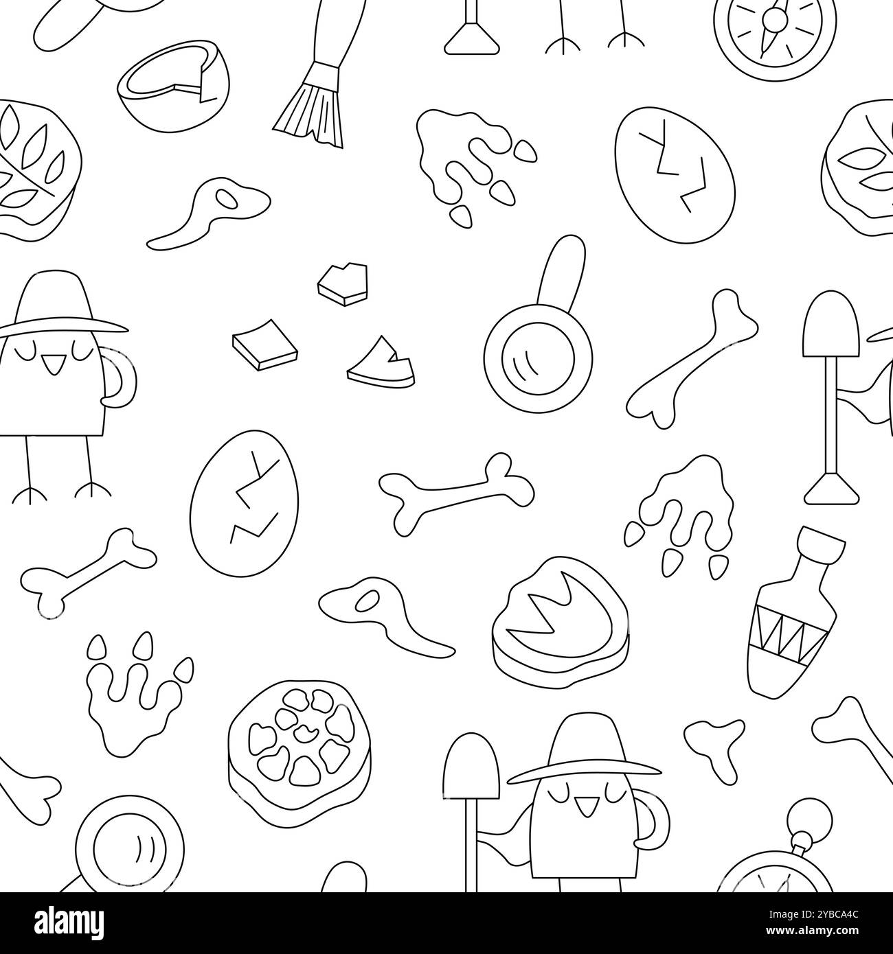 Paleontologo vettoriale bianco e nero senza cuciture. Line scienziato animale preistorico ripetere il background. Carta digitale o colorazione per ricercatori Dino Illustrazione Vettoriale