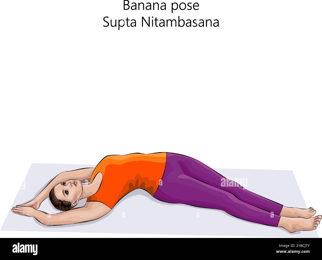 Giovane donna che pratica la posa yoga Supta Nitambasana. Posa a banana o supina Half Moon. Difficoltà principianti. Illustrazione vettoriale isolata. Illustrazione Vettoriale