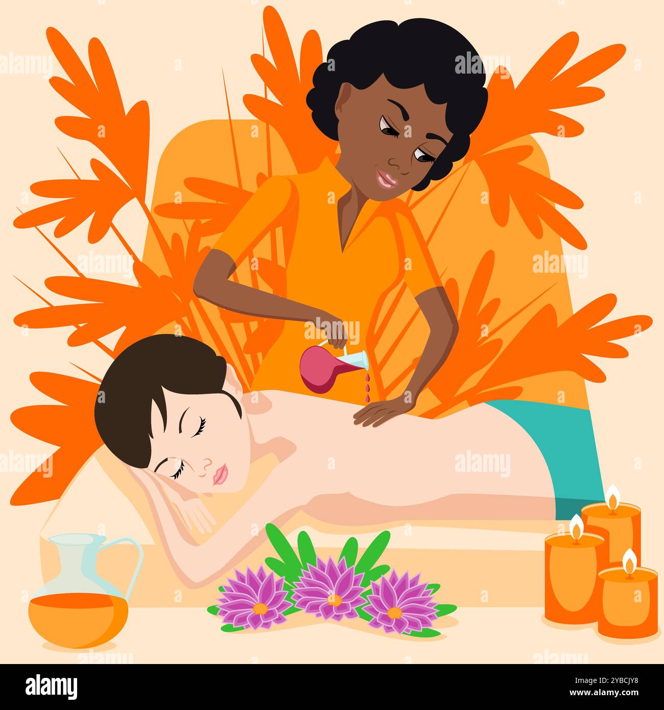 Massaggio aromaterapico. Terapia e trattamento da parte di terapisti professionisti nella SPA. Illustrazione del vettore piatto isolato. Etnia africana ed europea. Illustrazione Vettoriale