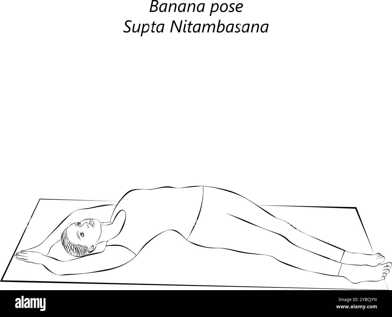 Schizzo di una giovane donna che pratica la posa yoga Supta Nitambasana. Posa a banana o supina Half Moon. Difficoltà principianti. Illustrazione vettoriale isolata. Illustrazione Vettoriale