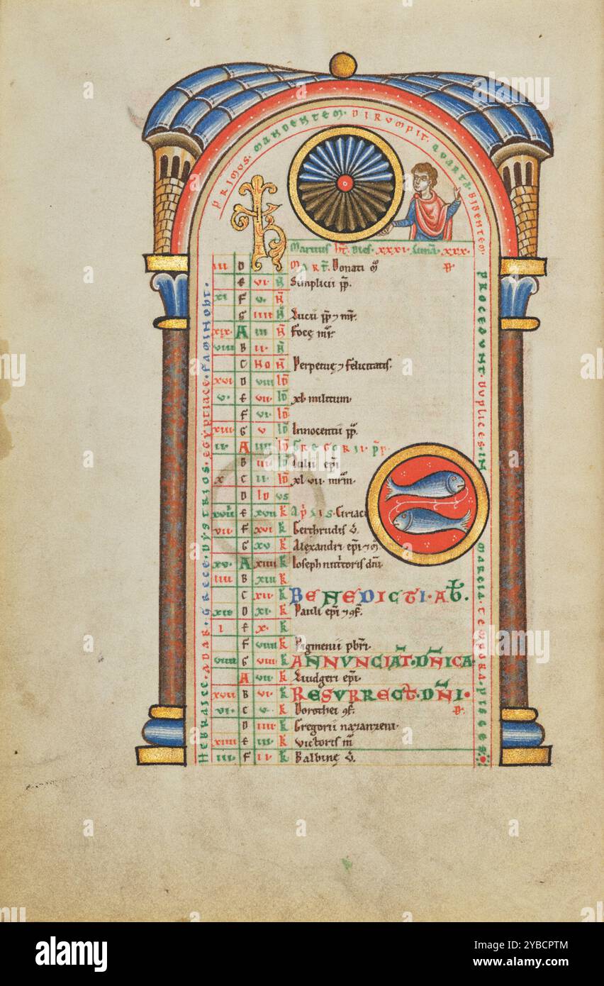 Marte (?); segno zodiacale dei pesci; Messale di Stammheim, probabilmente anni '1170 Informazioni aggiuntive: Come in tutte le pagine del calendario del Messale di Stammheim, una figura lunga un busto guarda lo spettatore dall'alto della pagina. Sebbene non abbia attributi identificativi, potrebbe essere il dio romano della guerra, Marte, da cui prende il nome il mese di marzo. Con la mano destra, presenta un diagramma circolare che mostra le ore di luce diurna e buio in un giorno tipico del mese. I due pesci di pesci sono il segno zodiacale del mese. Foto Stock