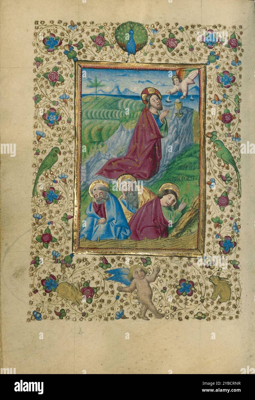 L'agonia nel giardino; Libro delle ore, circa 1460. Gesù prega nel Giardino del Getsemani mentre i discepoli dormono. Un angelo che porta un calice viene a confortarlo. Foto Stock