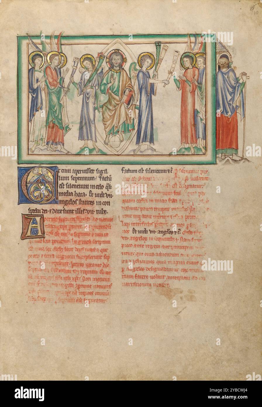 L'apertura del Settimo sigillo: La distribuzione delle trombe; Dyson Perrins Apocalypse, circa 1255-1260. Informazioni aggiuntive: L'apertura del settimo e ultimo sigillo non preannuncia la fine delle sofferenze dell'umanità. Invece, due angeli distribuiscono sette trombe a sette angeli. Il soffio delle trombe porterà più dolore a coloro che sono rimasti sulla terra. In miniatura, il Signore siede all'interno di una mandorla sull'arco del cielo adagiato sopra una sfera che rappresenta il mondo. Benedice con la mano destra mentre tiene un libro alla sinistra. L'illuminatore mostra San Giovanni da dietro, testimoniando la vigilia Foto Stock