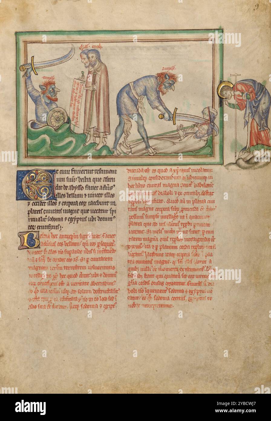 Il massacro dei due testimoni della Bestia; Dyson Perrins Apocalypse, circa 1255-1260. Informazioni aggiuntive: Dopo che i due testimoni hanno finito di profetizzare, una bestia dalla faccia blu e dagli occhi rossi con coda e zoccoli si alza da un abisso, maneggiando una scimitaria gigante per ucciderli. Anche se non esplicitamente descritto come tale nel testo, l'etichetta antixp[cristo]e sopra entrambe le rappresentazioni della bestia lo identifica come l'Anticristo nella miniatura. Sulla destra, Saint John si piega verso il basso per vedere l'omicidio, sbirciando attraverso un'apertura nella cornice. Foto Stock