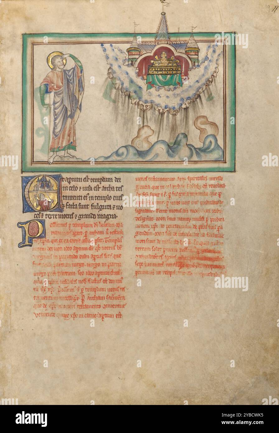 Il Tempio di Dio con il Tabernacolo nel cielo; Dyson Perrins Apocalisse, circa 1255-1260. Informazioni aggiuntive: L'illuminatore rappresentava le voci emanate da teste grottesche che guardavano in basso dal bordo delle nuvole. La terra rovente sottostante suggerisce i terremoti che colpiscono contemporaneamente quando San Giovanni, schermando i suoi occhi, riceve la sua visione del tempio. Citazione: Il tempio di Dio fu aperto in cielo; l'arca del suo testamento era visibile nel suo tempio, c'erano fulmini, voci, un terremoto e una grande grandine. (Apocalisse 11:19) Foto Stock