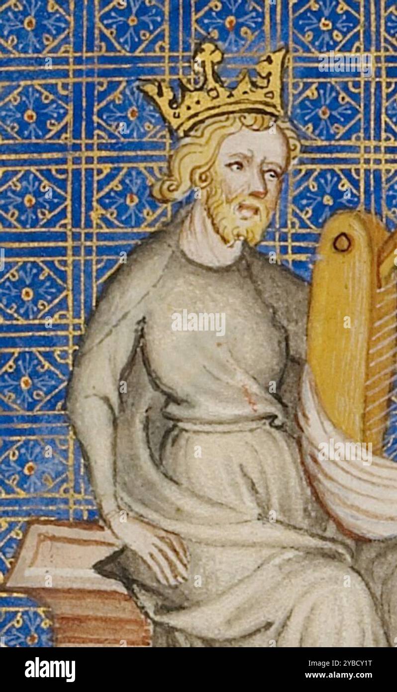 Bible Historiale, 2 voll., circa 1360-1370. Informazioni aggiuntive: Compilata alla fine degli anni '1200 da Guiart des Moulins e successivamente ampliata, la Bibbia storica era la Bibbia più popolare in francese del Medioevo (è chiamata la Bibbia istoriale in francese). Include traduzioni in francese di tutti i libri della Bibbia, una serie di commentari scritti negli anni '1100 dallo studioso Peter Comestor e tradotti da Guiart dal latino al francese, e commenti e glosse aggiuntivi scritti dallo stesso Guiart. Questa compilazione è chiamata la Bibbia storica perché i commentari Foto Stock