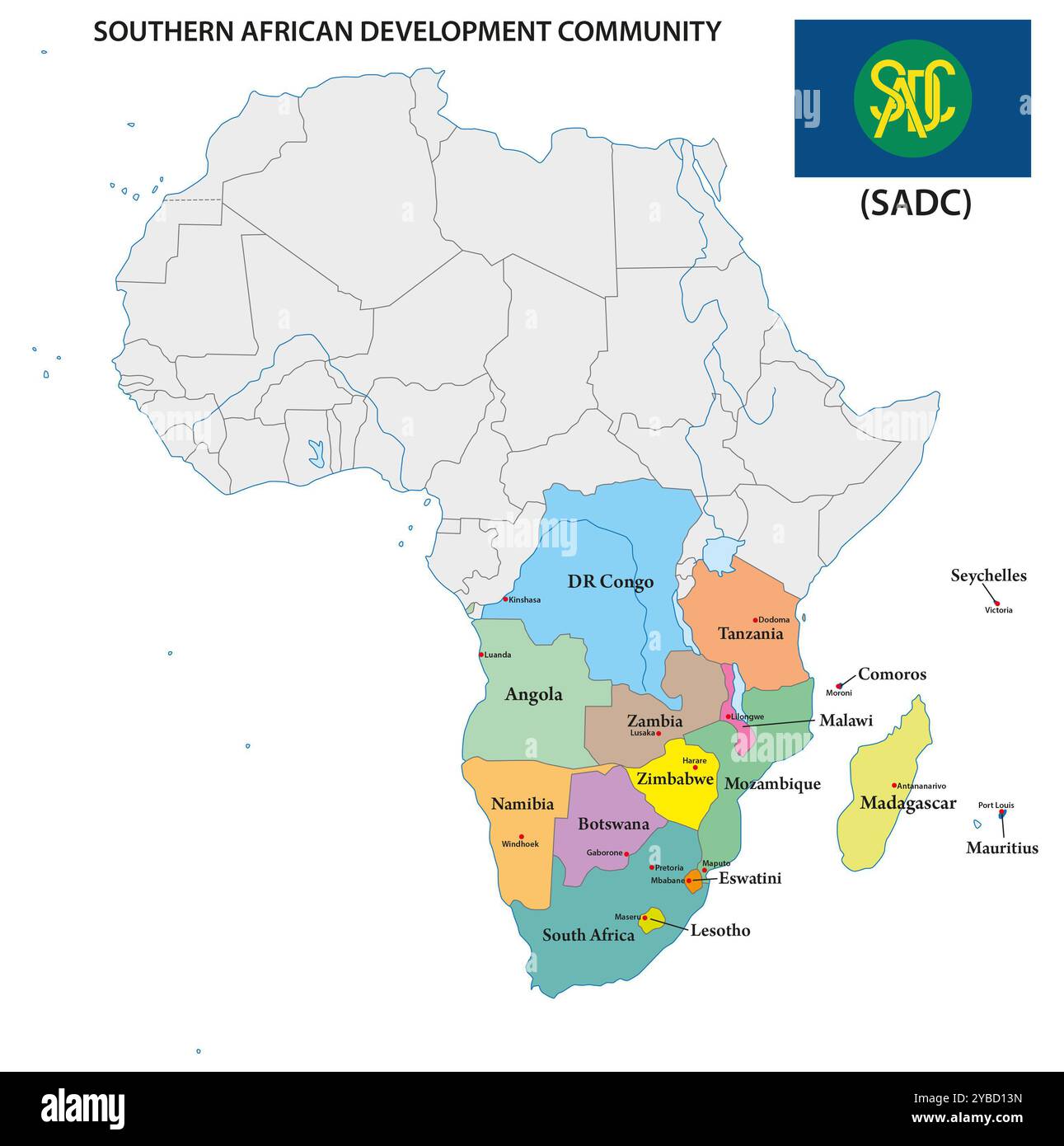 Mappa degli stati membri della Comunità di sviluppo dell'Africa australe Foto Stock