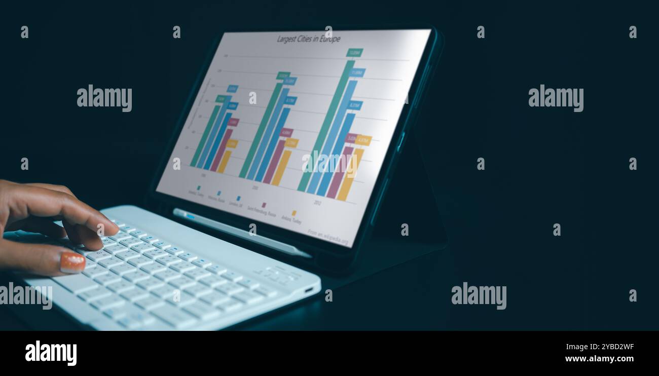 Donna che utilizza un tablet che esamina i dati in grafici finanziari e grafici con un tablet, business che analizza diagrammi grafici per le entrate statistiche durante re Foto Stock