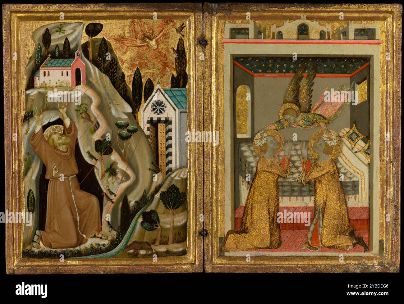 La stigmatizzazione di San Francesco e dei Santi Coronanti dell'Angelo Cecilia e Valeriano, 1330 Ulteriori informazioni: Questa pala d'altare a libro raffigura San Francesco che riceve le stigmate a sinistra e un angelo che incorona i Santi Cecilia e Valeriano con corone floreali a destra. Delphine de Signe, un'aristocratica che viveva alla corte di Napoli all'inizio del 1300, aveva giurato un voto di verginità. Nonostante questo, fu organizzato un matrimonio tra lei e Elz&#xe9;ar de Sabran, anch'egli membro della corte. Elz&#xe9;ar era un giovane profondamente religioso, e Delphine fu in grado di convertirlo alla castità raccontando Th Foto Stock