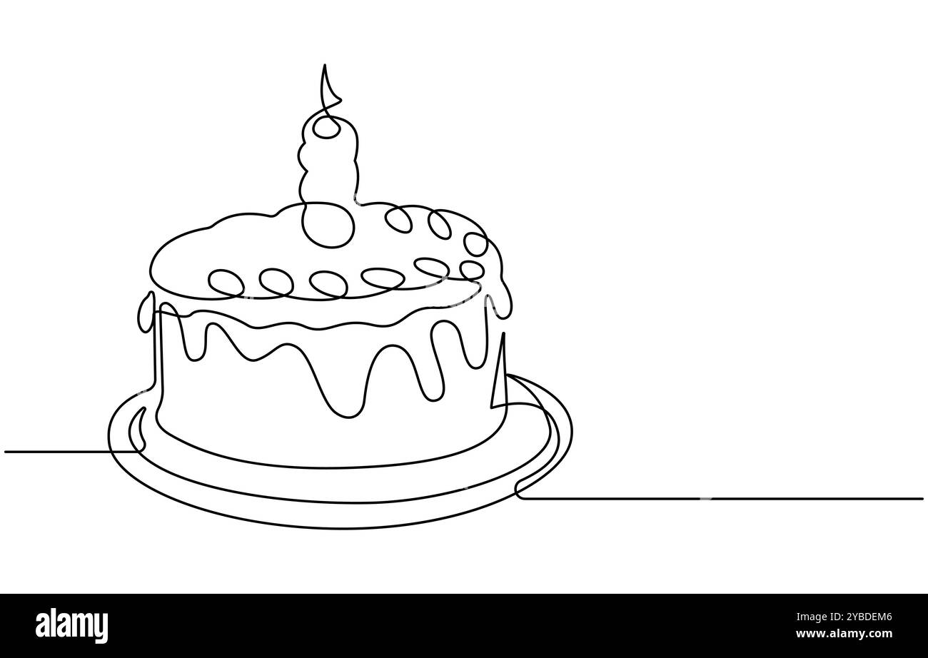 Disegno continuo di una torta di compleanno con candela, disegno continuo dell'icona buon compleanno. Illustrazione del vettore simbolo disegnato a mano Illustrazione Vettoriale