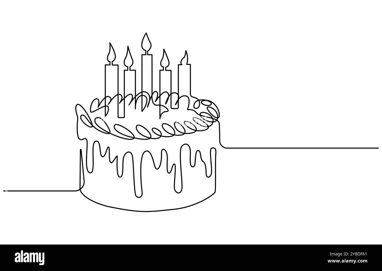 Disegno continuo di una torta di compleanno con candela, disegno continuo dell'icona buon compleanno. Illustrazione del vettore simbolo disegnato a mano Illustrazione Vettoriale
