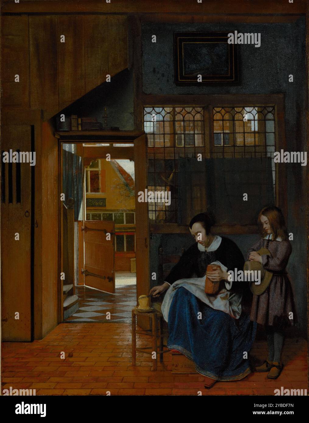 Una donna che prepara pane e burro per un ragazzo, circa 1660-1663. Ulteriori informazioni: Una madre butta il pane mentre suo figlio le sta accanto, la sua testa piegata in preghiera sopra il cibo. Sta per partire per la scuola vista attraverso la porta d'ingresso aperta e identificata dal cartello Reading Schole. Una piccola nicchia triangolare sopra la porta interna contiene diversi libri e un candelabro, forse alludendo all'illuminazione che l'istruzione porta. Una piccola sommità adagiata sul pavimento di fronte alla porta della camera può fare riferimento a un proverbio olandese che afferma che un bambino e una sommità cadranno entrambi inattivi a meno che non continuino a funzionare Foto Stock