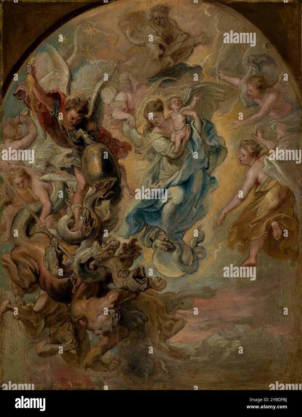 La Vergine come la donna dell'Apocalisse, circa 1623-1624. Ulteriori informazioni: Questo schizzo o modello ad olio è stato commissionato dal principe vescovo Viet Adam per la pala d'altare principale della cattedrale di Frisinga nel sud della Germania. Al centro la Vergine Maria tiene il bambino Cristo calpestando il serpente del peccato, che si arriccia intorno alla luna ai suoi piedi. A sinistra l'Arcangelo Michele e gli angeli scacciarono Satana, il "grande drago rosso con sette teste" e altri demoni spettrali. Sopra, Dio padre istruisce un angelo a mettere un paio di ali sulle spalle della Vergine. Foto Stock