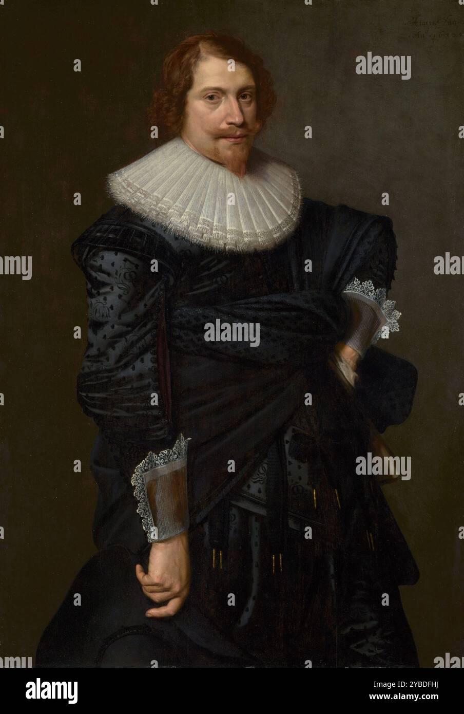 Ritratto di un uomo, 1632. Informazioni aggiuntive: Sebbene l'identità del sitter non sia nota, il dipinto era quasi certamente uno di una coppia di ritratti creati per celebrare un matrimonio. Nella vista di tre quarti preferita per gli uomini del suo tempo, un giovane uomo barbuto si affaccia diagonalmente sul piano con il braccio sinistro storto e il cappello nella mano destra. Indossa un ricco doppietto nero ricamato con un mantello nero piegato intorno alla vita e tenuto in posizione dalla mano con i guanti sull'anca sinistra. I polsini e il colletto in pizzo bianco rendono ancora più vivace il costume nero. La sua posa clos Foto Stock