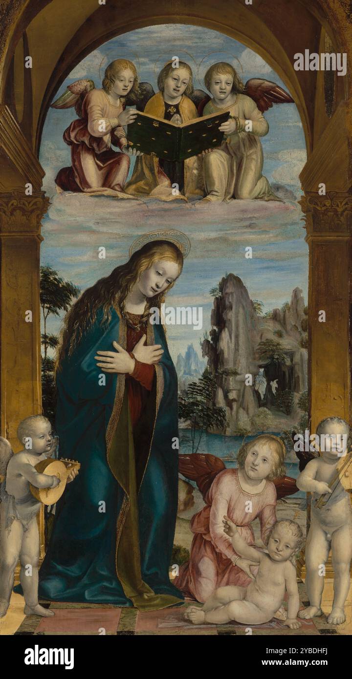 Madonna adora il bambino con angeli musicali, circa 1500-1510. Braccia incrociate in venerazione, una giovane Vergine Maria si inchina la testa e guarda solennemente al suo figlio neonato. A sua volta guarda lo spettatore e fa il segno della benedizione verso di lei. Con un gesto incredibilmente umano, un angelo tiene delicatamente la spalla e il lato del bambino instabile, assicurandosi che non si rovesci in avanti. Gli angeli su entrambi i lati della scena suonano strumenti musicali; un trio di angeli sopra inginocchiati su una nuvola e cantano in accompagnamento. La scena si svolge sotto un soffitto a volta sostenuto da pilastri con Corinzia Foto Stock