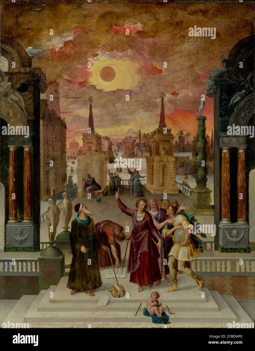 Dionigi l'Areopagita convertendo i filosofi pagani, anni 1570 Nel 1571 si verificò una drammatica eclissi solare: Questo evento probabilmente servì come soggetto di questo dipinto di Antoine Caron. La dipinse alla corte di Caterina de' Medici, regina di Francia, che, come molti sovrani dell'epoca, era estremamente superstiziosa e affascinata dai fenomeni astronomici, spesso vedendo eclissi e disastri naturali come presagi preannuncianti. Gli astronomi si riuniscono in una piazza della città sotto il sole ombreggiato. Un filosofo greco barbuto in primo piano guarda il cielo e punta verso una sfera armillare sul terreno. N Foto Stock