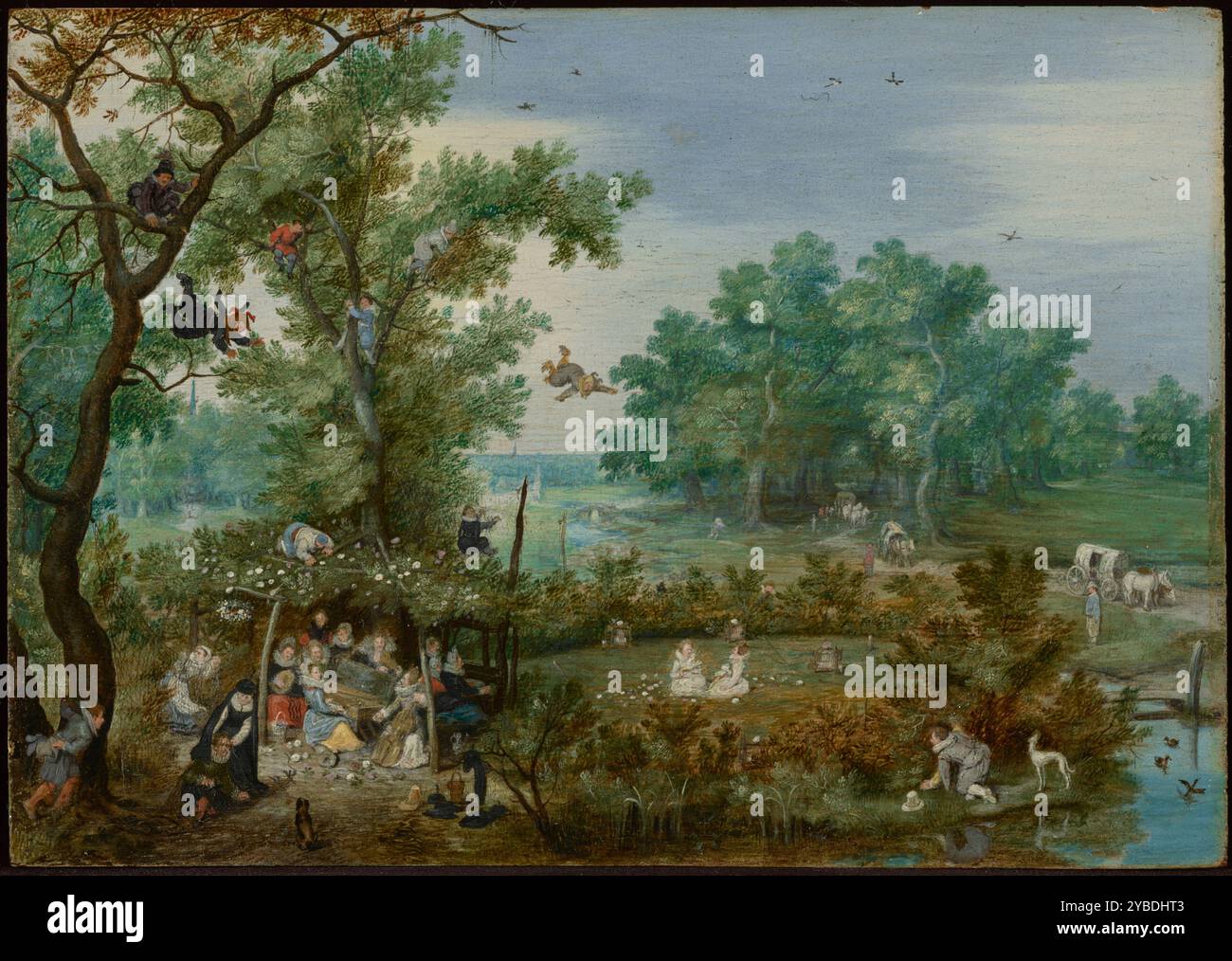 Merry Company in an Arbour, 1615. A sinistra di questo piccolo paesaggio, un gruppo di fanciulle fa musica sotto un manto di fiori. In un'area chiusa a destra, due donne siedono su una rete utilizzata per catturare i fringuelli. Da tutti i lati, i giovani spiano le donne, appollaiano sugli alberi o si nascondono dietro cespugli o tronchi di alberi. Un audace voyeur si aggrappa alla sommità del mandrino, sbirciando verso le donne sottostanti. Un'altra, intrappolata in una rete, viene arrestata da una donna vestita sobriamente, mentre due jester sopra sono caduti dagli alberi. Foto Stock