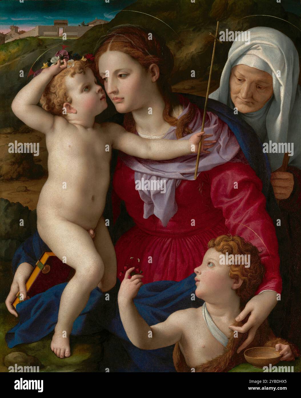 Vergine con bambino, Santa Elisabetta e San Giovanni Battista, circa 1540-1545. La statuaria della Vergine Maria domina la composizione. In piedi in grembo, la bambina toglie una ghirlanda di fiori dalla testa e afferra la croce di canne, che prefigura la Crocifissione. Il bambino San Giovanni Battista, che porta la ciotola battesimale, offre al bambino un mucchio di fragole selvatiche, che si riferiscono alla vita feconda e giusta di Cristo, ma servono anche come ricordo del sangue versato durante la passione. Sullo sfondo un'anziana Santa Elisabetta, la madre di Giovanni, l Foto Stock