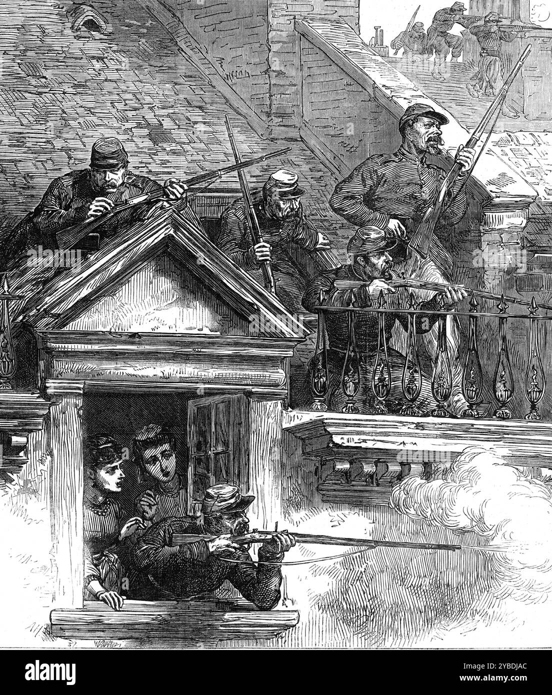 I combattimenti a Parigi: Sugli housetops: Faubourg Poissonni&#xe8;re, 1871. L'incisione sulla nostra prima pagina, da uno degli schizzi del signor Simpson, rappresenta alcuni dei soldati che combattono dalle finestre e dai tetti dell'attico... il nostro artista si è fatto strada attraverso le strette strade dove i soldati stavano sparando. Lui... è riuscito a vedere i soldati entrare nelle case, e usare le finestre come scappatoie o capanne, da cui hanno avuto una buona posizione per sparare. Più uomini salivano, tutti montavano le scale; ogni finestra era presidiata; alla fine apparivano sul tetto e approfittavano di ogni angolo Foto Stock