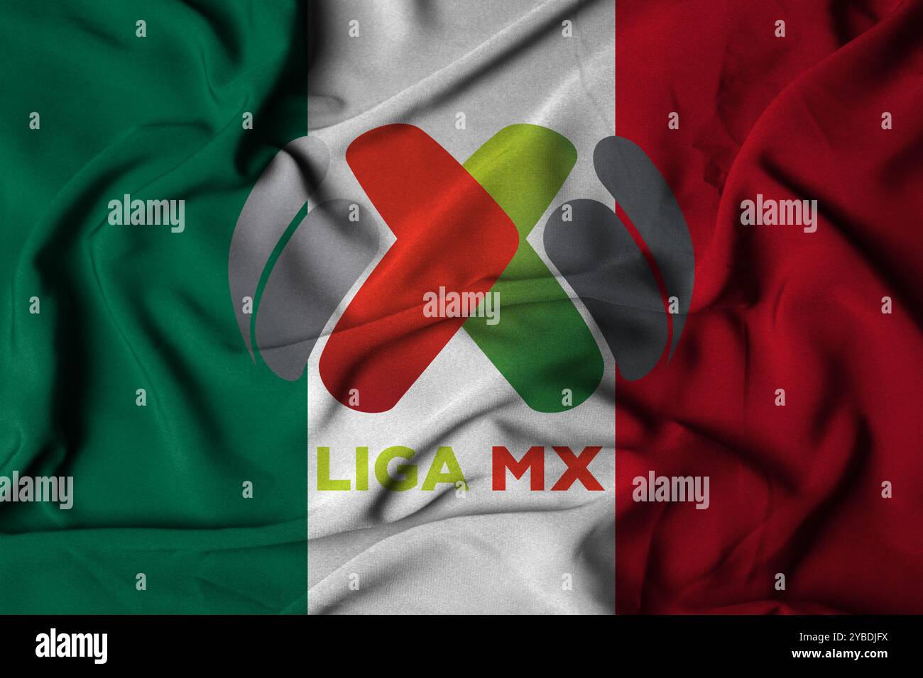 Pringsewu, Lampung 21 ottobre 2024 messa a fuoco selettiva logo texture sfondo di Liga MX, Messico. Illustrazione 3D. Foto Stock