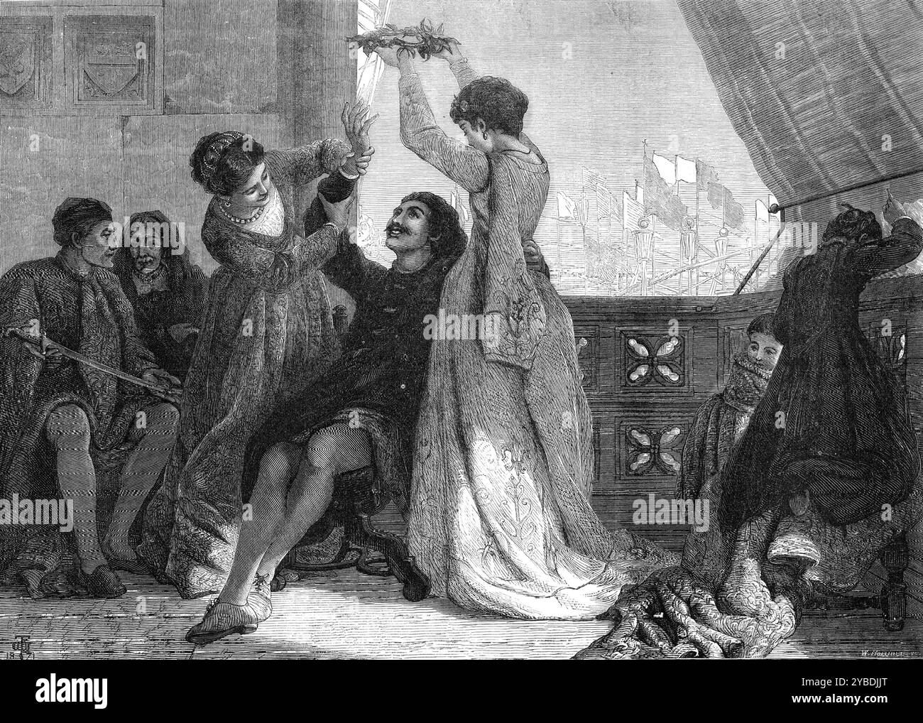 Home and Victory, di F. W. W. Topham, nella mostra della Royal Academy, 1871. Incisione di un dipinto. "Ora le nostre sopracciglia sono legate da ghirlande vittoriose; le nostre braccia ferite appese ai monumenti; i nostri alari STEM sono cambiati in allegri incontri; le nostre terribili marce a misure deliziose". Queste linee shakspeareane [da "Richard III"] sono prese come motto per il quadro che abbiamo inciso, dalla mostra dell'Accademia di F. W. W. Topham, un giovane artista promettente, figlio del noto pittore di acquerelli, e condividendo il dono di suo padre come colorista. T Foto Stock