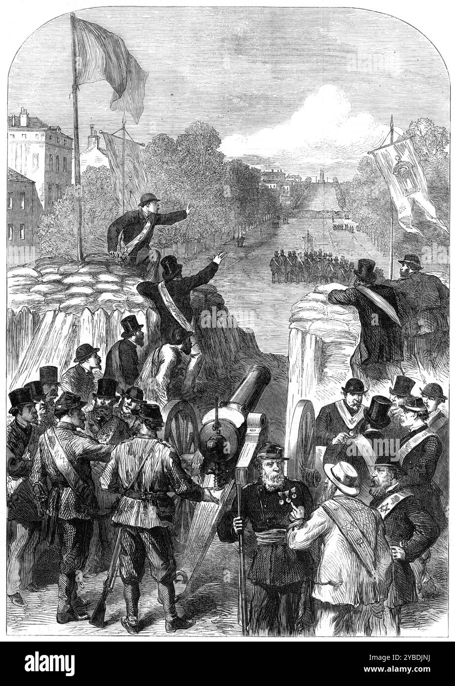 L'assedio francese di Parigi: La Deputazione massonica a Versailles uscendo alla porte Maillot, 1871. "Il tentativo fatto da alcuni membri di alcune logge massoniche a Parigi di avvicinarsi al governo provvisorio francese a Versailles con aperture per la pace non si rivelò un successo. Era la domenica settimana, all'una del pomeriggio, che si rimontavano e marciavano lungo i viali e gli Champs Elys&#xe9;es, come se si uscisse da Neuilly...ogni massone indossava una fascia blu ricamata con i loro segni mistici. La processione ha raggiunto la porta chiamata porte Maillot, ed è appesa Foto Stock