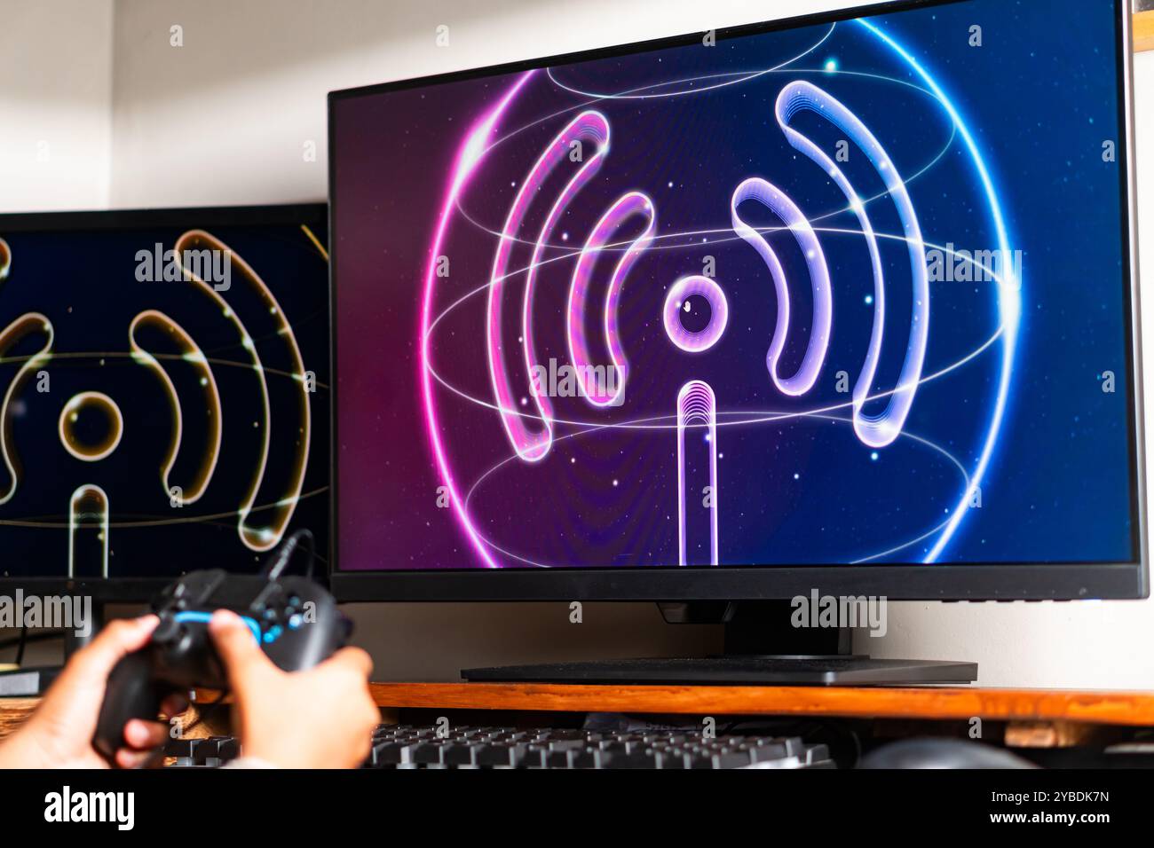 Persona che gioca a videogame con controller wireless, simbolo neon Wu-F sullo schermo. Foto Stock