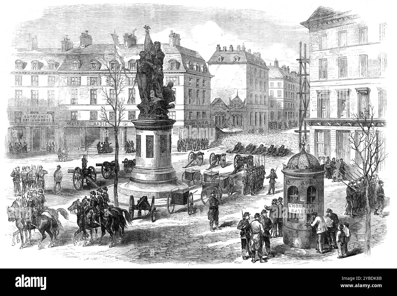 La guerra civile a Parigi: Barricate in Place Clichy, 1871. Veduta di "...le barricate erette dai ribelli repubblicani rossi in Place de Clichy, con qualche cannone e un "albero della libertà" piantato vicino alla statua". Da "Illustrated London News", 1871. Foto Stock