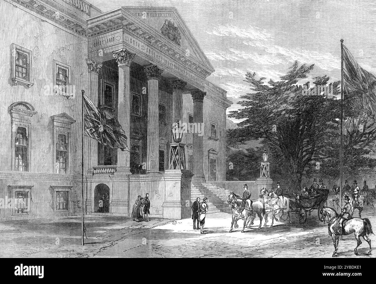 Matrimonio della principessa Luisa: Arrivo della coppia appena sposata a Claremont, 1871. "La porta di Claremont era nascosta con sempreverdi e bandiere, e su ogni lato del Long Drive c'erano pali alti, coronati da rastrelli e decorati con ghirlande... il nobile marchese e la sua sposa furono ricevuti dal signor Ewen Macdonald, il custode della tenuta di Claremont". Da "Illustrated London News", 1871. Foto Stock