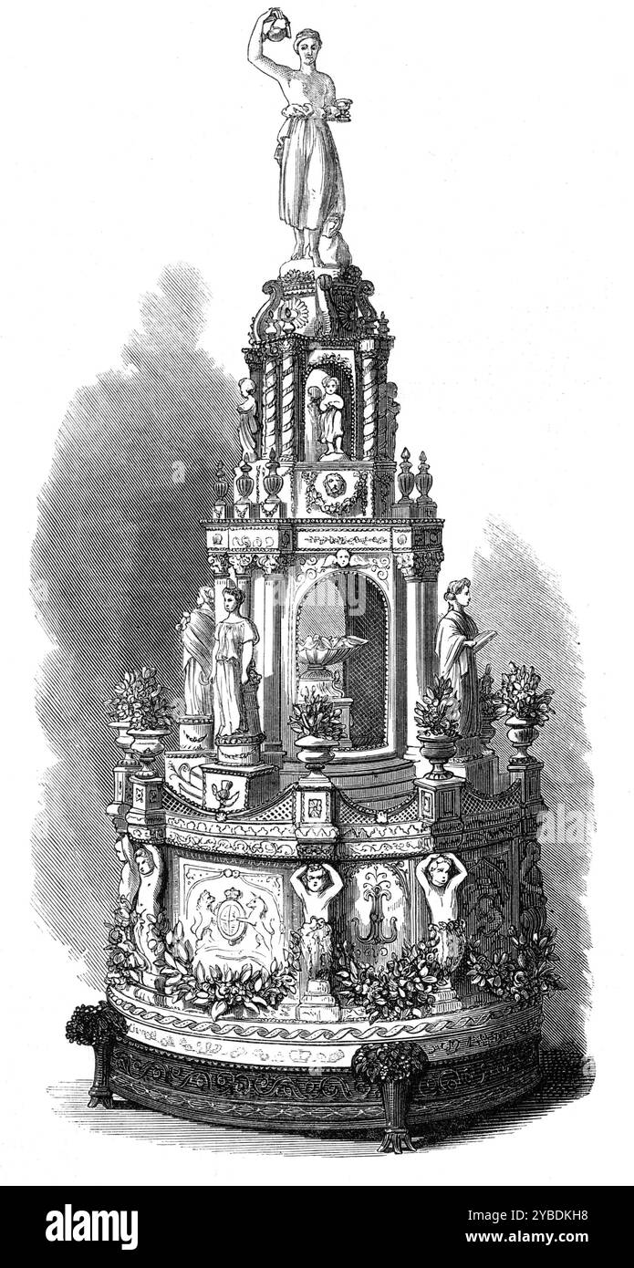 Matrimonio della principessa Luisa: Royal Wedding Cake, 1871. Torta fatta per il matrimonio della principessa Luisa (quarta figlia della regina Vittoria) e di suo marito John Campbell, IX duca di Argyll, incisione da una fotografia dei signori Hills e Saunders. "La principale torta nuziale, che veniva messa sul tavolo a colazione o a pranzo nella Waterloo Chamber, era... una magnifica opera d'arte pasticcera, realizzata dal pasticcere capo di sua Maestà al Castello di Windsor. Era di 5 piedi. 4 poll. alto, con un diametro di 2 ft. 6 poll. La base era decorata con raso bianco, con stemmi, le iniziali e. Foto Stock