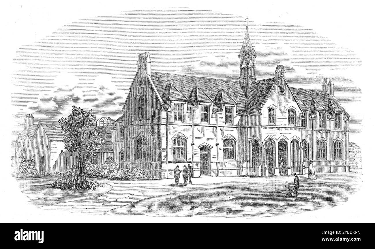 Eastbourne College, Sussex, 1871. "La nostra incisione rappresenta i nuovi edifici recentemente eretti per il college di Eastbourne dalla munificenza del presidente, sua Grazia il Duca di Devonshire. Il sito è un compatto pezzo di terra rettangolare di circa sette acri di estensione, di cui quattro acri... sono stati separati per il campo da cricket e da calcio. L'edificio principale del college si affaccia a nord e ha una facciata di 105 piedi. Questa parte contiene la grande scuola, le aule scolastiche, i dormitori e il bagno. Dietro a questo ci sono la sala da pranzo, gli studi, la stanza del padrone e il capo maestro' Foto Stock