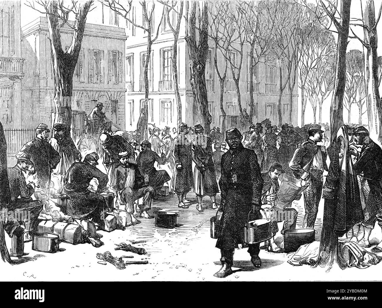 Guardie nazionali a colazione per le strade di Bordeaux, 1871. Guerra franco-prussiana: "...illustrazione [che mostra] un gruppo della Guardia Nazionale che prepara la colazione al Cours du Pav&#xe9; des Chartrons, dove c'è un viale di alberi. Hanno costruito caminetti con i blocchi di pavimentazione in granito, sui quali sono poste le loro pentole". Da "Illustrated London News", 1871. Foto Stock